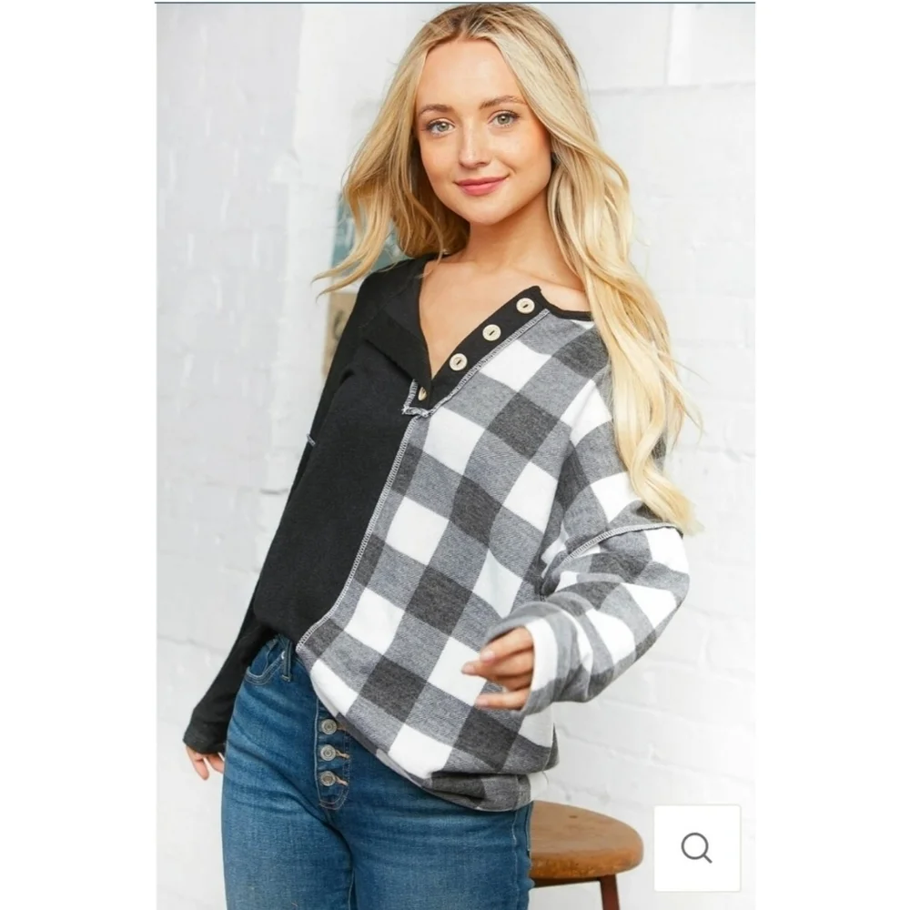 Plaid Half and Half Button Down Knit Top - Picture 7 of 9